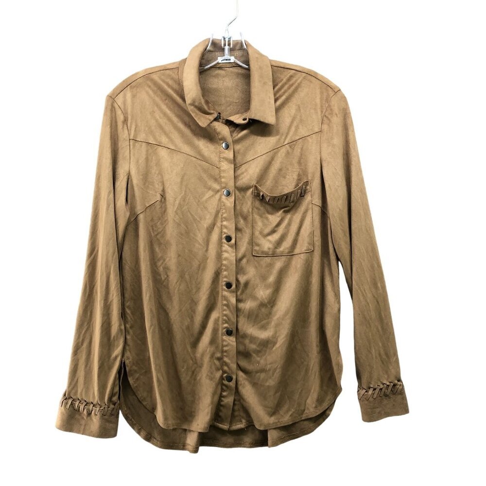 Pimkie Western Shirt Womens S Faux Suede Tan‎ Brown Long Sleeve Snap Button